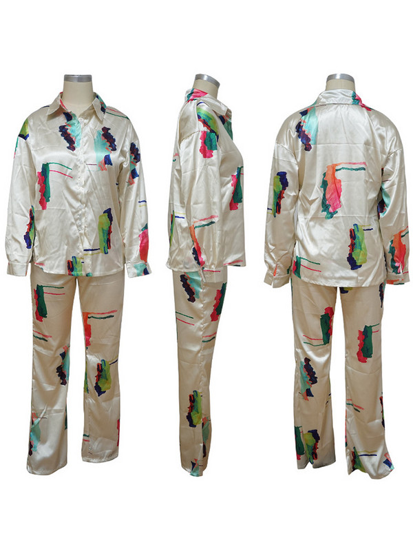 Nyomtatott alkalmi női kétrészes szett nappaliruha hosszú ujjú ing felsők és széles szárú nadrág szett otthoni ruha