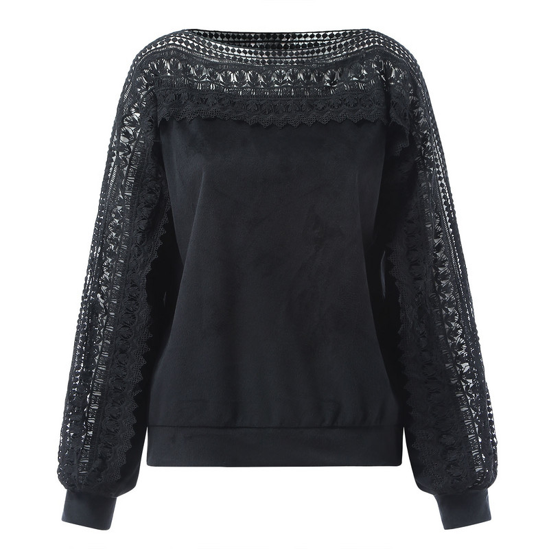 40# Vintage izdubljene čipkaste bluze Ženske slobodno vrijeme Izdubljeni uzorak Spajanje lampion bluza s rukavima Crne košulje Rubaška Ženska