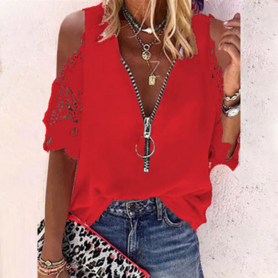 Vară cu decolteu din dantelă, cu fermoar, cu scobitură, cu mânecă scurtă, cămașă ocazională de modă pentru femei, largi, sexy, elegante, topuri Mujer 24989