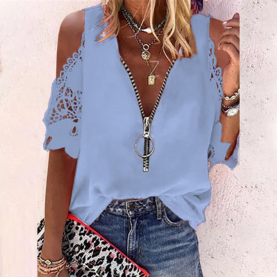 Vară cu decolteu din dantelă, cu fermoar, cu scobitură, cu mânecă scurtă, cămașă ocazională de modă pentru femei, largi, sexy, elegante, topuri Mujer 24989