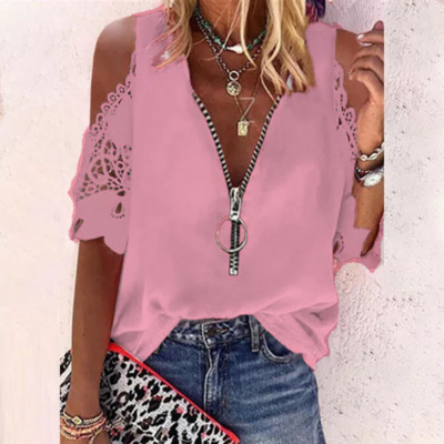 Vară cu decolteu din dantelă, cu fermoar, cu scobitură, cu mânecă scurtă, cămașă ocazională de modă pentru femei, largi, sexy, elegante, topuri Mujer 24989