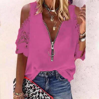 Vară cu decolteu din dantelă, cu fermoar, cu scobitură, cu mânecă scurtă, cămașă ocazională de modă pentru femei, largi, sexy, elegante, topuri Mujer 24989
