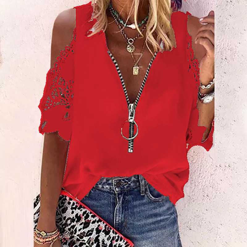 Vară cu decolteu din dantelă, cu fermoar, cu scobitură, cu mânecă scurtă, cămașă ocazională de modă pentru femei, largi, sexy, elegante, topuri Mujer 24989