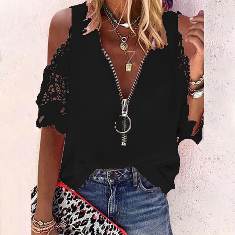 Vară cu decolteu din dantelă, cu fermoar, cu scobitură, cu mânecă scurtă, cămașă ocazională de modă pentru femei, largi, sexy, elegante, topuri Mujer 24989