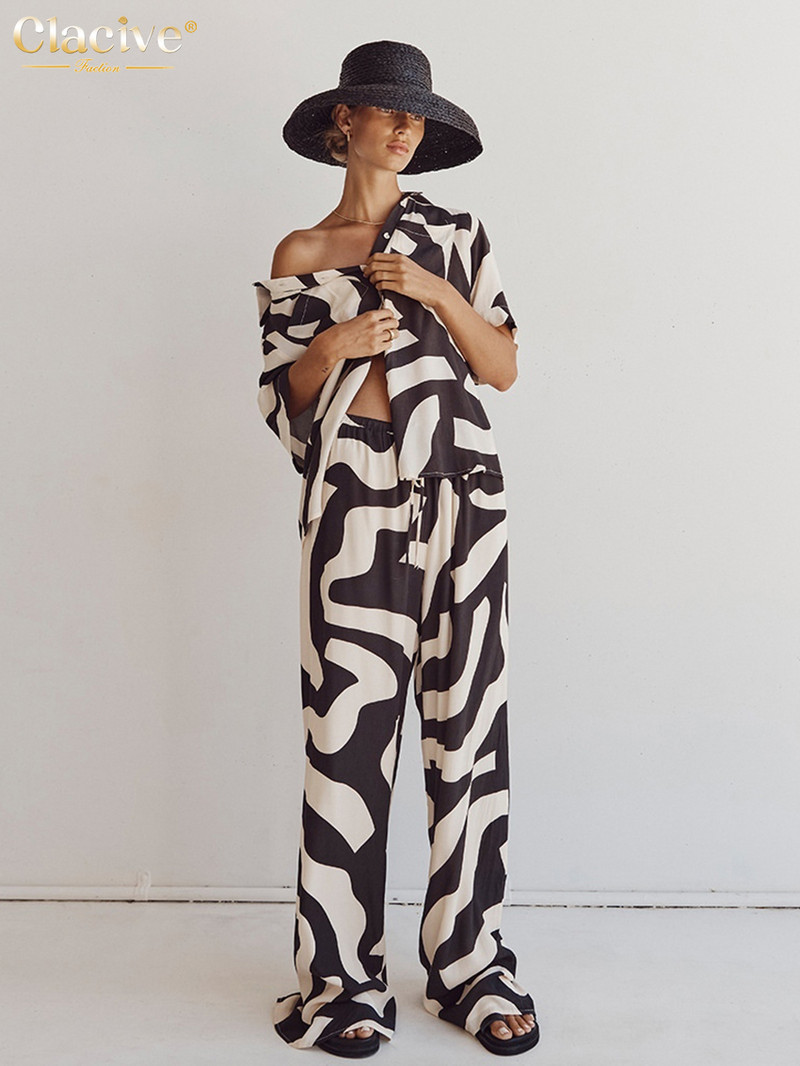 Dámske 2-dielne sety s voľným strihom a potlačou, letné, s krátkym rukávom a vysokým pásom, s dlhými nohavicami