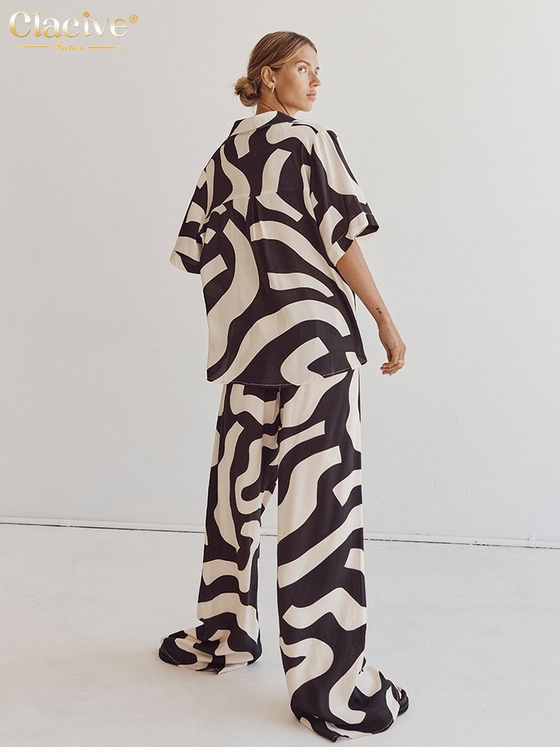 Dámske 2-dielne sety s voľným strihom a potlačou, letné, s krátkym rukávom a vysokým pásom, s dlhými nohavicami