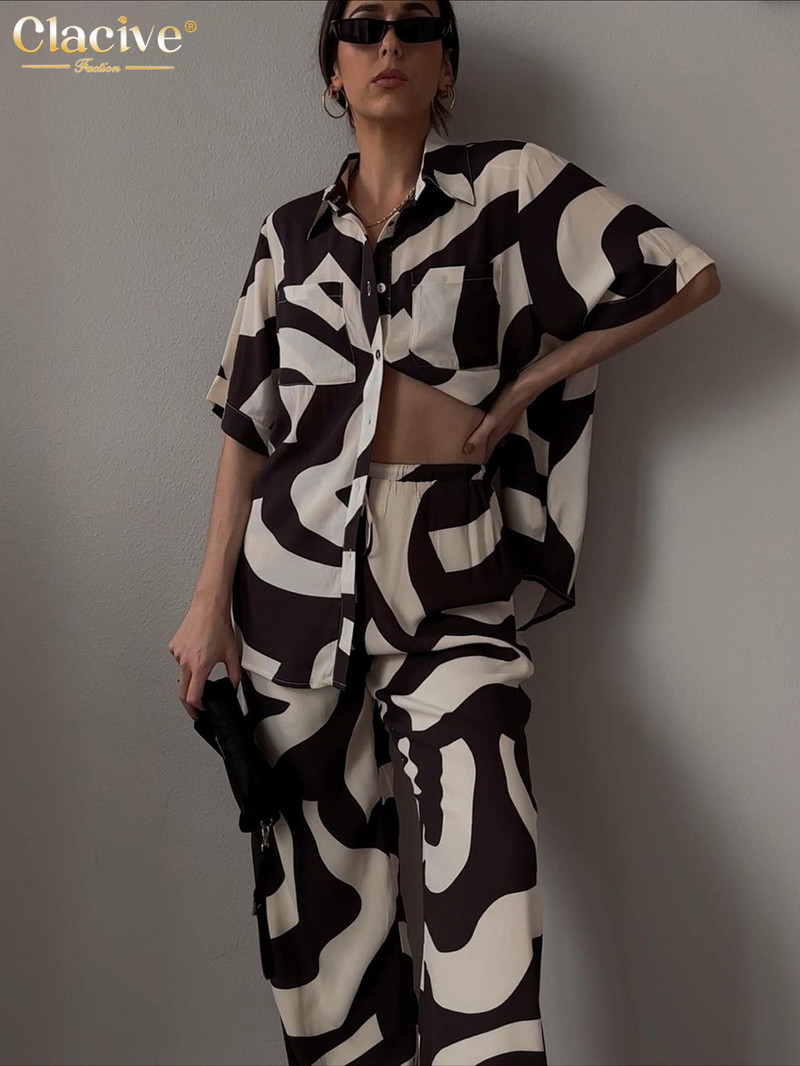 Dámske 2-dielne sety s voľným strihom a potlačou, letné, s krátkym rukávom a vysokým pásom, s dlhými nohavicami