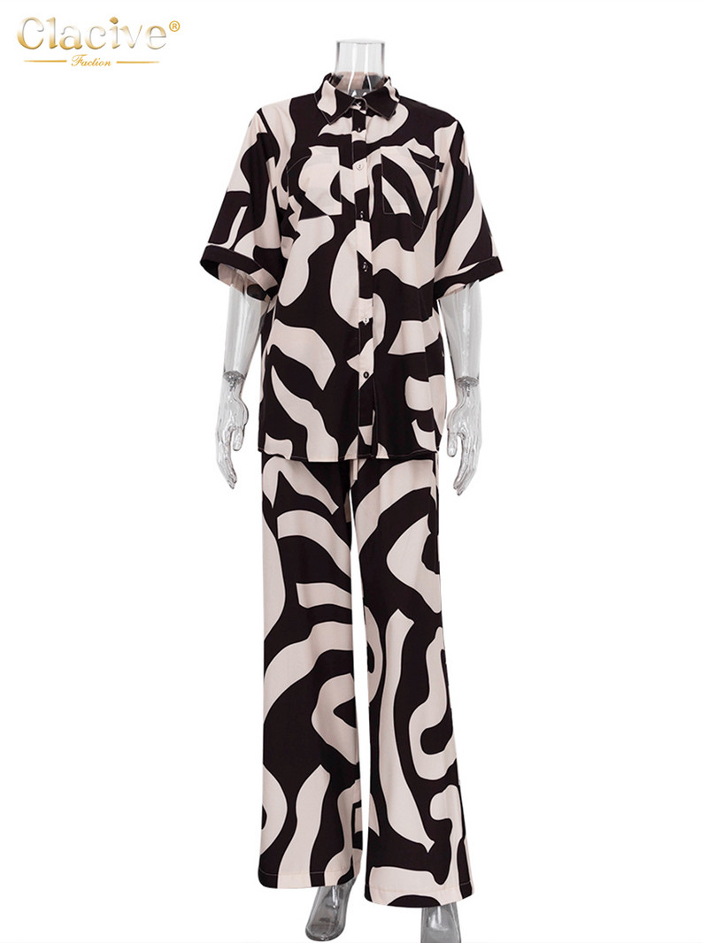 Dámske 2-dielne sety s voľným strihom a potlačou, letné, s krátkym rukávom a vysokým pásom, s dlhými nohavicami