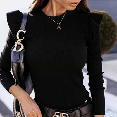 Proljeće Jesen Modna ženska bluza Zimska Jednobojna pulover dugih rukava s volanima Donji dio košulje Korejski ured Blusa 12596