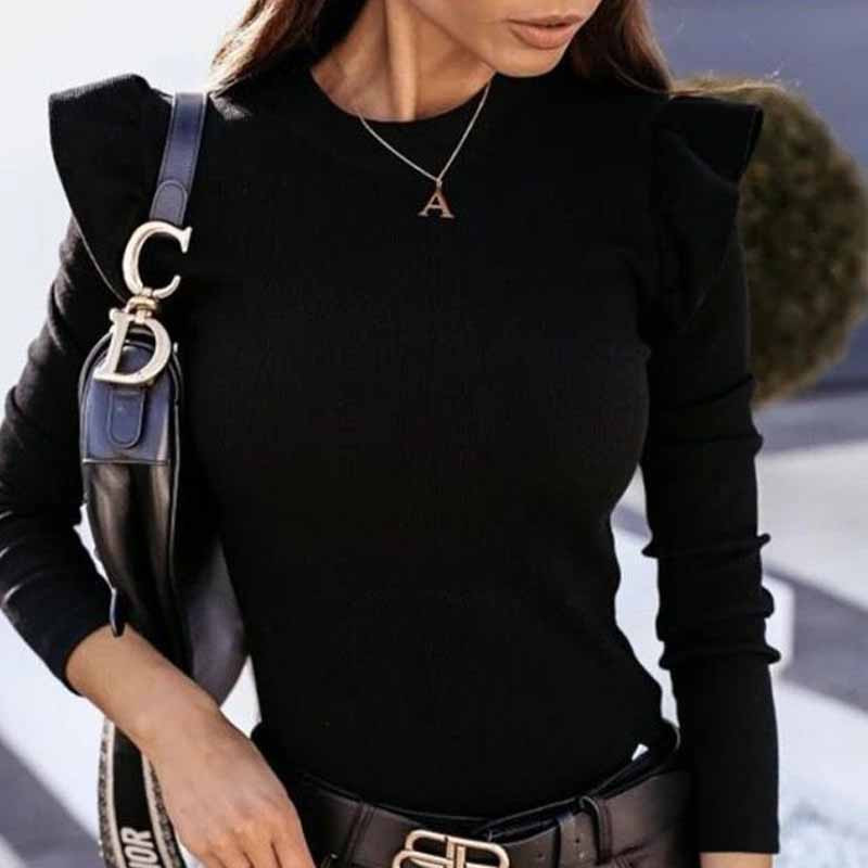 Proljeće Jesen Modna ženska bluza Zimska Jednobojna pulover dugih rukava s volanima Donji dio košulje Korejski ured Blusa 12596