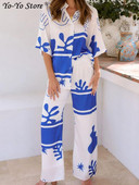 Ležerno modno odijelo s printom Ženska široka košulja s reverima i kratkim rukavima na jedno kopčanje Komplet hlača širokih nogavica Blagdanska odijela