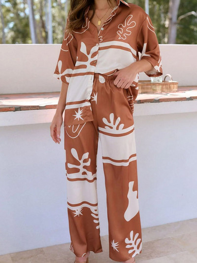 Ležerno modno odijelo s printom Ženska široka košulja s reverima i kratkim rukavima na jedno kopčanje Komplet hlača širokih nogavica Blagdanska odijela