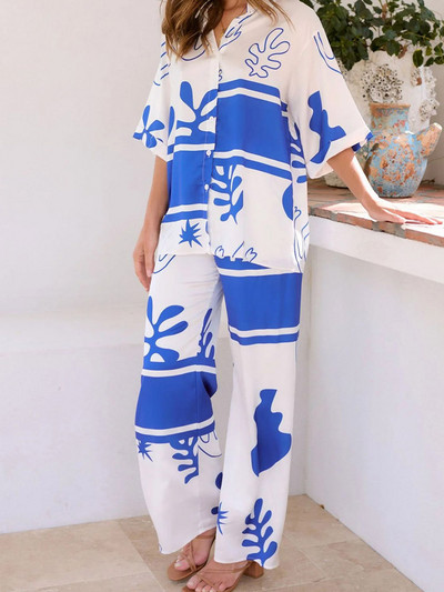 Ležerno modno odijelo s printom Ženska široka košulja s reverima i kratkim rukavima na jedno kopčanje Komplet hlača širokih nogavica Blagdanska odijela