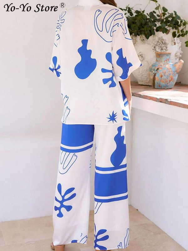Ležerno modno odijelo s printom Ženska široka košulja s reverima i kratkim rukavima na jedno kopčanje Komplet hlača širokih nogavica Blagdanska odijela