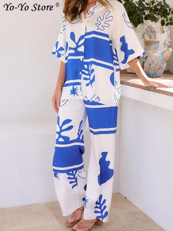 Ležerno modno odijelo s printom Ženska široka košulja s reverima i kratkim rukavima na jedno kopčanje Komplet hlača širokih nogavica Blagdanska odijela