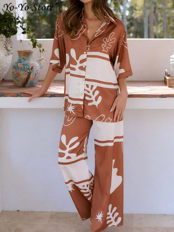 Ležerno modno odijelo s printom Ženska široka košulja s reverima i kratkim rukavima na jedno kopčanje Komplet hlača širokih nogavica Blagdanska odijela