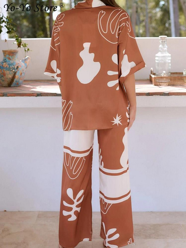 Ležerno modno odijelo s printom Ženska široka košulja s reverima i kratkim rukavima na jedno kopčanje Komplet hlača širokih nogavica Blagdanska odijela