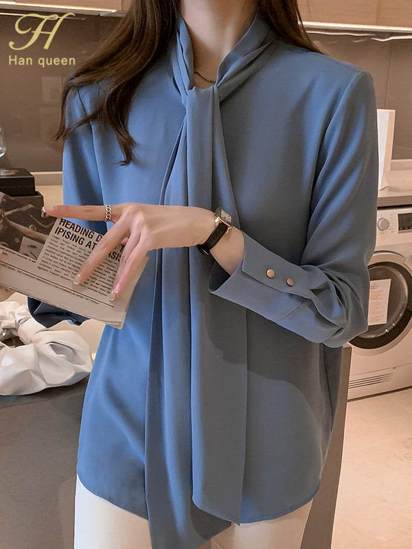 H Han Queen Jar Jeseň Jednoduchá kancelárska blúzka Dámska košeľa s mašľou a dlhým rukávom, ležérna kórejská OL štýlová voľná blúzka pre ženy