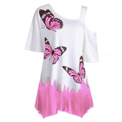 Нова 2021 г. Риза с големи размери Дамска лятна тениска с принт на пеперуди Студени рамена Туника с къс ръкав Тениска Блузи Дамски ежедневни