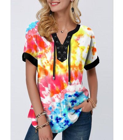 Liela izmēra 4xl 5x Puloveri Blūzes krekls Boho Print Lace Splice Sieviešu topi V veida kakla izgriezumā, brīvs 2020. gada ikdienas vasaras jauns sieviešu T-krekls