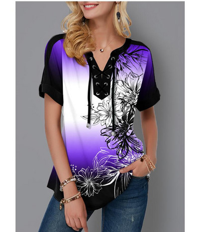 Liela izmēra 4xl 5x Puloveri Blūzes krekls Boho Print Lace Splice Sieviešu topi V veida kakla izgriezumā, brīvs 2020. gada ikdienas vasaras jauns sieviešu T-krekls