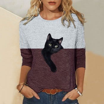 Μπλούζες Cat Plus Size 5xl Πουκάμισα με τύπωμα Cat Casual Contrast Πουκάμισο Cotto Blend μακρυμάνικο για γυναίκες Blusas De Mujer 2021