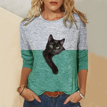 Μπλούζες Cat Plus Size 5xl Πουκάμισα με τύπωμα Cat Casual Contrast Πουκάμισο Cotto Blend μακρυμάνικο για γυναίκες Blusas De Mujer 2021