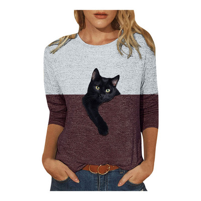 Bluze s mačkama veće veličine 5xl Ležerne košulje s uzorkom mačaka u kontrastnoj boji Cotto mješavina Košulja dugih rukava za žene Blusas De Mujer 2021