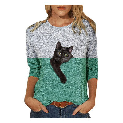 Bluze s mačkama veće veličine 5xl Ležerne košulje s uzorkom mačaka u kontrastnoj boji Cotto mješavina Košulja dugih rukava za žene Blusas De Mujer 2021