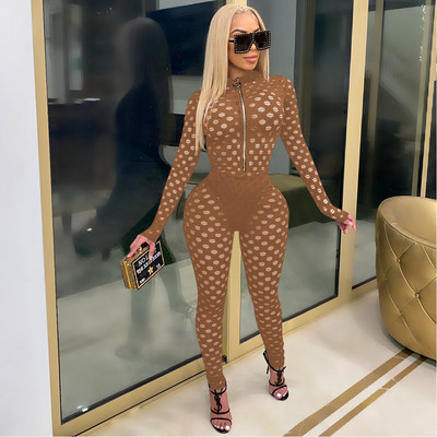 Prozirni kombinezon za zabavu Seksi ženski kombinezon s O-izrezom, jednobojni mrežasti kombinezon