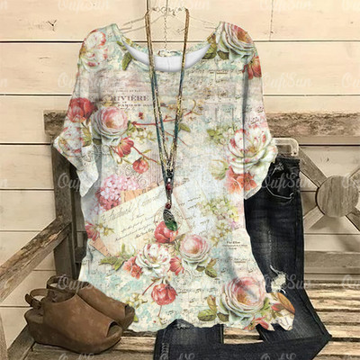 Dámske vintage tričko s 3D kvetinovou potlačou, letné tričko s krátkym rukávom a výstrihom do O-krku, nadrozmerný dámsky top, ležérny Harajuku sveter