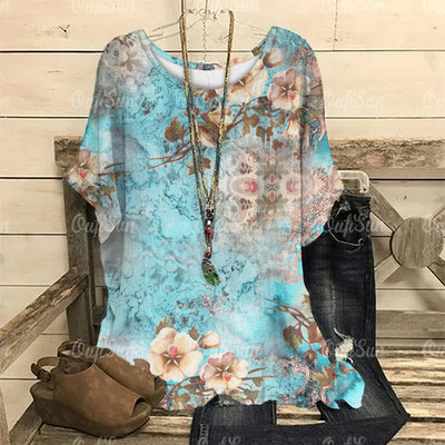 Dámske vintage tričko s 3D kvetinovou potlačou, letné tričko s krátkym rukávom a výstrihom do O-krku, nadrozmerný dámsky top, ležérny Harajuku sveter