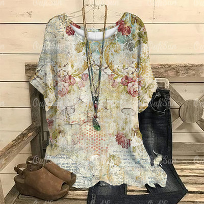 Dámske vintage tričko s 3D kvetinovou potlačou, letné tričko s krátkym rukávom a výstrihom do O-krku, nadrozmerný dámsky top, ležérny Harajuku sveter