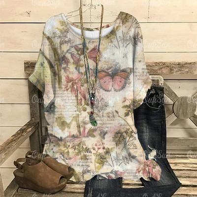 Dámske vintage tričko s 3D kvetinovou potlačou, letné tričko s krátkym rukávom a výstrihom do O-krku, nadrozmerný dámsky top, ležérny Harajuku sveter