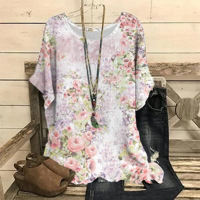 Dámske vintage tričko s 3D kvetinovou potlačou, letné tričko s krátkym rukávom a výstrihom do O-krku, nadrozmerný dámsky top, ležérny Harajuku sveter