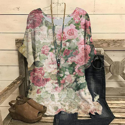 Dámske vintage tričko s 3D kvetinovou potlačou, letné tričko s krátkym rukávom a výstrihom do O-krku, nadrozmerný dámsky top, ležérny Harajuku sveter