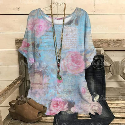 Dámske vintage tričko s 3D kvetinovou potlačou, letné tričko s krátkym rukávom a výstrihom do O-krku, nadrozmerný dámsky top, ležérny Harajuku sveter