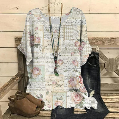 Dámske vintage tričko s 3D kvetinovou potlačou, letné tričko s krátkym rukávom a výstrihom do O-krku, nadrozmerný dámsky top, ležérny Harajuku sveter