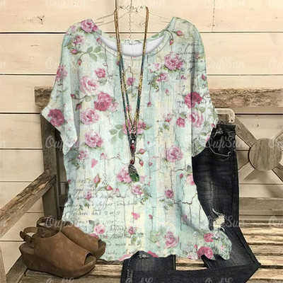 Dámske vintage tričko s 3D kvetinovou potlačou, letné tričko s krátkym rukávom a výstrihom do O-krku, nadrozmerný dámsky top, ležérny Harajuku sveter