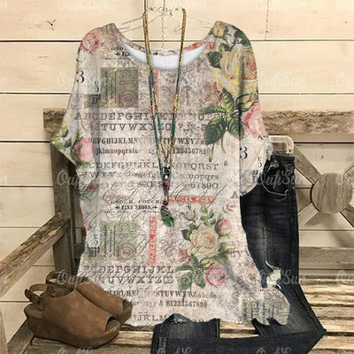 Dámske vintage tričko s 3D kvetinovou potlačou, letné tričko s krátkym rukávom a výstrihom do O-krku, nadrozmerný dámsky top, ležérny Harajuku sveter