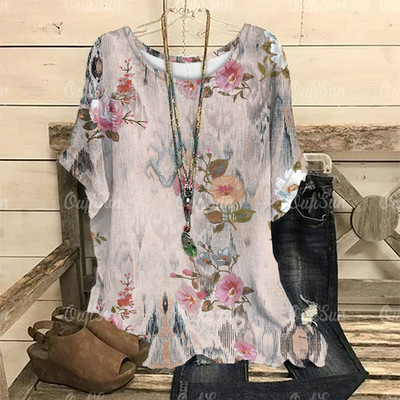 Dámske vintage tričko s 3D kvetinovou potlačou, letné tričko s krátkym rukávom a výstrihom do O-krku, nadrozmerný dámsky top, ležérny Harajuku sveter