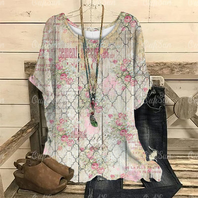 Dámske vintage tričko s 3D kvetinovou potlačou, letné tričko s krátkym rukávom a výstrihom do O-krku, nadrozmerný dámsky top, ležérny Harajuku sveter