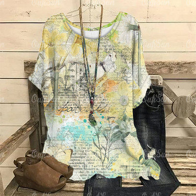 Dámske vintage tričko s 3D kvetinovou potlačou, letné tričko s krátkym rukávom a výstrihom do O-krku, nadrozmerný dámsky top, ležérny Harajuku sveter