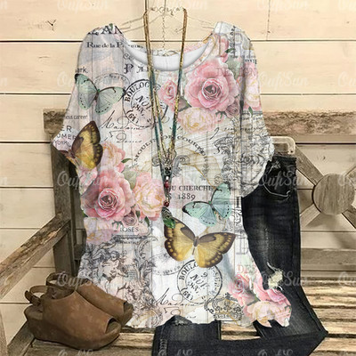 Dámske vintage tričko s 3D kvetinovou potlačou, letné tričko s krátkym rukávom a výstrihom do O-krku, nadrozmerný dámsky top, ležérny Harajuku sveter