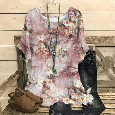 Dámske vintage tričko s 3D kvetinovou potlačou, letné tričko s krátkym rukávom a výstrihom do O-krku, nadrozmerný dámsky top, ležérny Harajuku sveter