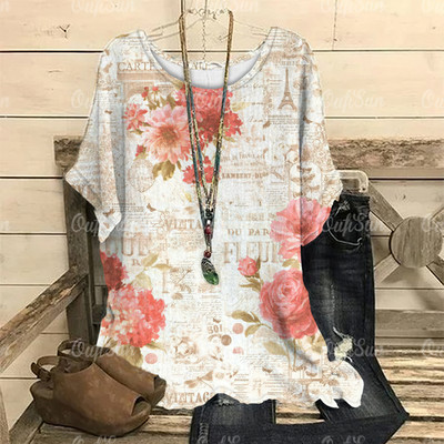 Dámske vintage tričko s 3D kvetinovou potlačou, letné tričko s krátkym rukávom a výstrihom do O-krku, nadrozmerný dámsky top, ležérny Harajuku sveter