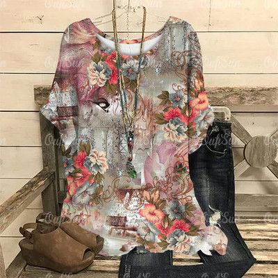 Dámske vintage tričko s 3D kvetinovou potlačou, letné tričko s krátkym rukávom a výstrihom do O-krku, nadrozmerný dámsky top, ležérny Harajuku sveter
