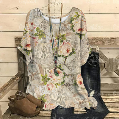 Dámske vintage tričko s 3D kvetinovou potlačou, letné tričko s krátkym rukávom a výstrihom do O-krku, nadrozmerný dámsky top, ležérny Harajuku sveter
