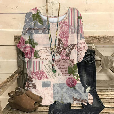 Dámske vintage tričko s 3D kvetinovou potlačou, letné tričko s krátkym rukávom a výstrihom do O-krku, nadrozmerný dámsky top, ležérny Harajuku sveter