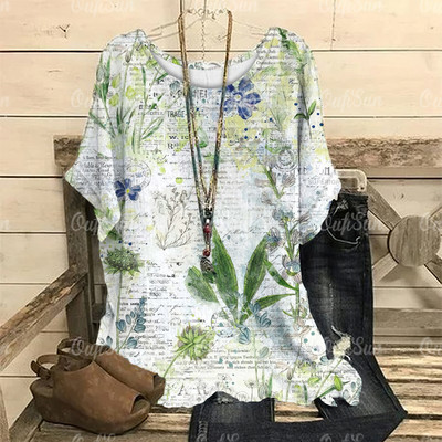 Dámske vintage tričko s 3D kvetinovou potlačou, letné tričko s krátkym rukávom a výstrihom do O-krku, nadrozmerný dámsky top, ležérny Harajuku sveter